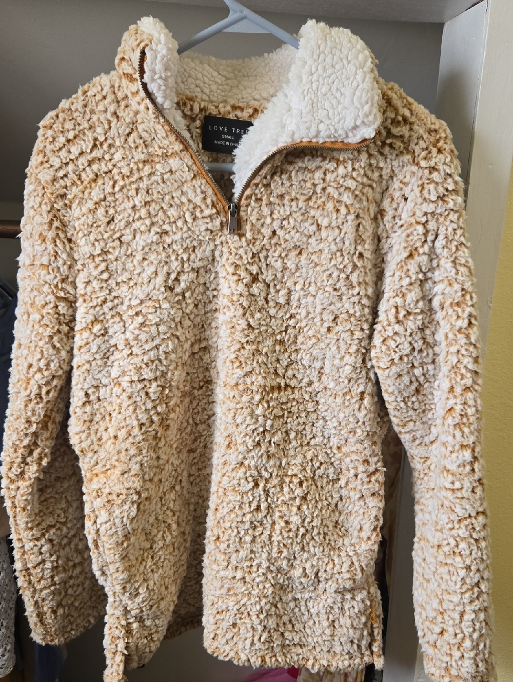 Love Tree Cream and Tan Sherpa Half-Zip Pullover